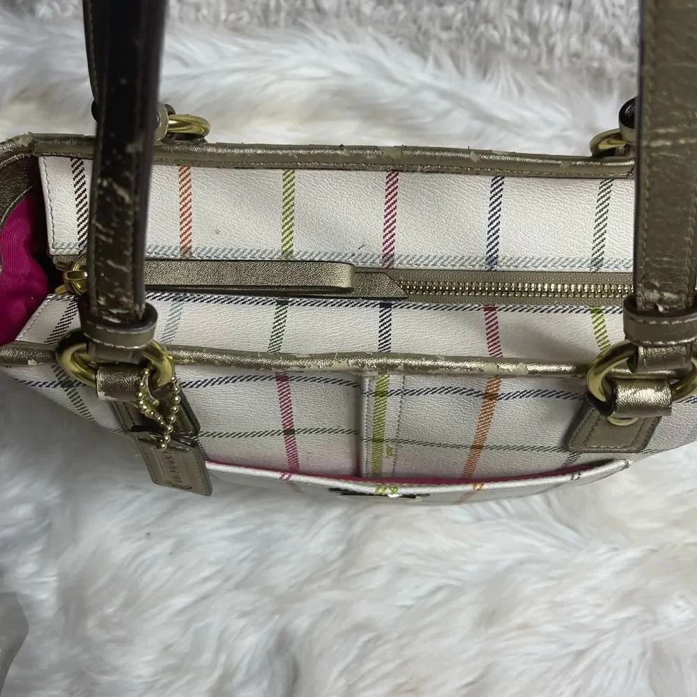 Coach Peyton Tattersal PVC Beige Plaid  Shoulder Purse gold trims & straps